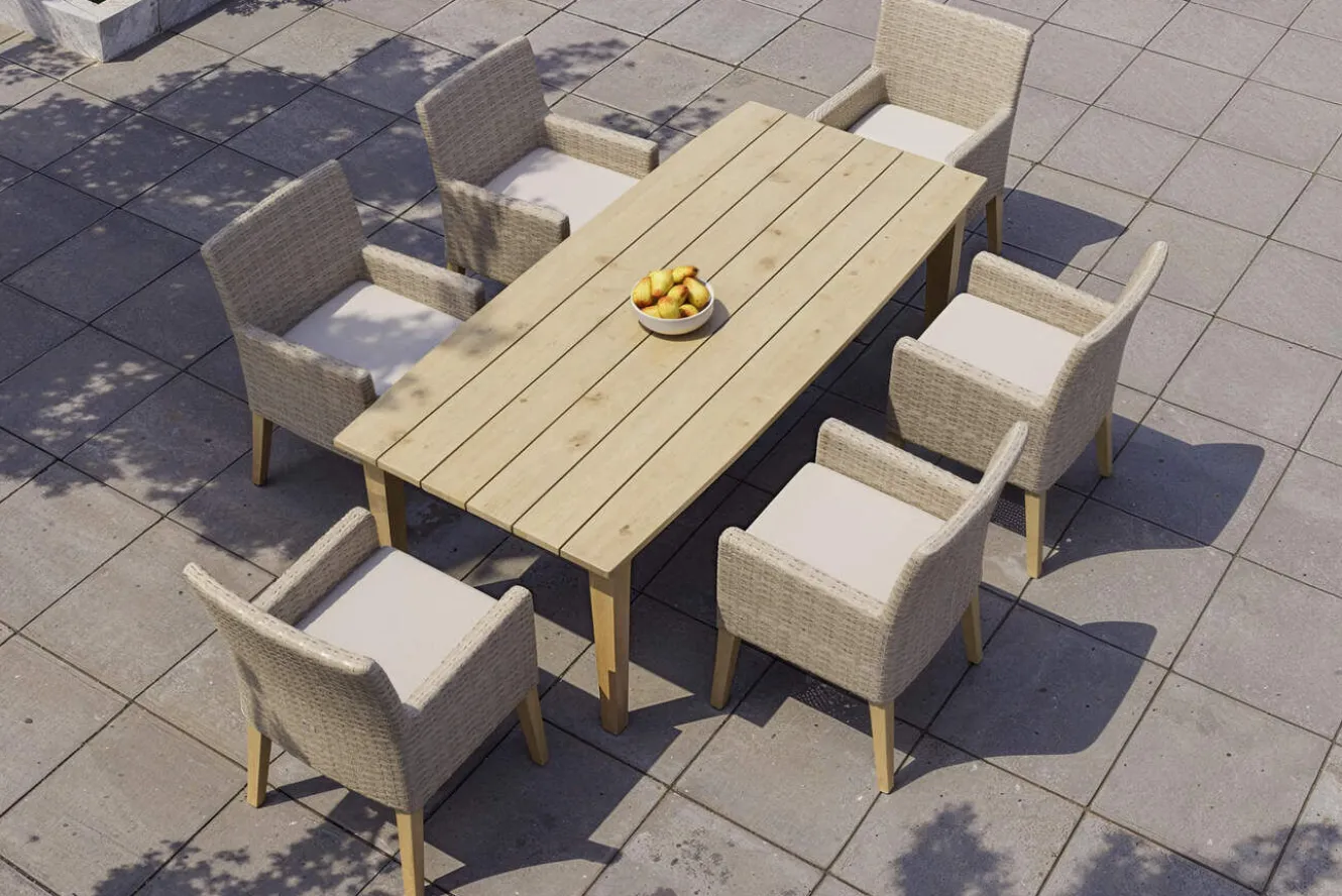 OUTFLEXX Borneo Garten-Essgruppe, beige-meliert, Polyrattan/Akazie, Tisch 220 x 100 cm, 6 Landhaussessel, FSC®-zertifiziertes Produkt