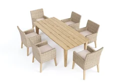 OUTFLEXX Borneo Garten-Essgruppe, beige-meliert, Polyrattan/Akazie, Tisch 220 x 100 cm, 6 Landhaussessel, FSC®-zertifiziertes Produkt
