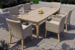 OUTFLEXX Borneo Garten-Essgruppe, beige-meliert, Polyrattan/Akazie, Tisch 220 x 100 cm, 6 Landhaussessel, FSC®-zertifiziertes Produkt