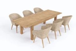 OUTFLEXX Borneo Garten-Essgruppe, beige/natur, Akazie/Polyrattan, ausziehbarer Tisch 180/220/260 x 100 cm, 6 Sessel, FSC®-zertifiziertes Produkt