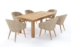 OUTFLEXX Borneo Garten-Essgruppe, beige/natur, Akazie/Polyrattan, ausziehbarer Tisch 180/220/260 x 100 cm, 6 Sessel, FSC®-zertifiziertes Produkt