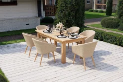 OUTFLEXX Borneo Garten-Essgruppe, beige/natur, Akazie/Polyrattan, ausziehbarer Tisch 180/220/260 x 100 cm, 6 Sessel, FSC®-zertifiziertes Produkt