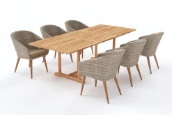 OUTFLEXX Borneo Garten-Essgruppe, beige/natur, Akazie/Polyrattan, Ausziehbar, 180/240 x 100 cm, 6 Stühle 65 x 60 cm, Polster Inklusive, FSC®-zertifiziertes Produkt