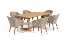 OUTFLEXX Borneo Garten-Essgruppe, beige/natur, Akazie/Polyrattan, Ausziehbar, 180/240 x 100 cm, 6 Stühle 65 x 60 cm, Polster Inklusive, FSC®-zertifiziertes Produkt
