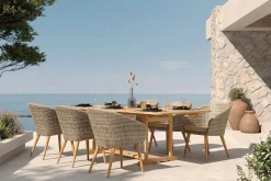 OUTFLEXX Borneo Garten-Essgruppe, beige/natur, Akazie/Polyrattan, Ausziehbar, 180/240 x 100 cm, 6 Stühle 65 x 60 cm, Polster Inklusive, FSC®-zertifiziertes Produkt