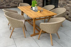 OUTFLEXX Borneo Garten-Essgruppe, beige/natur, Akazie/Polyrattan, Ausziehbar, 180/240 x 100 cm, 6 Stühle 65 x 60 cm, Polster Inklusive, FSC®-zertifiziertes Produkt