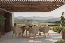 OUTFLEXX Borneo Garten-Essgruppe, beige/natur, Akazie/Polyrattan, Ausziehbar, 180/240 x 100 cm, 6 Stühle 65 x 60 cm, Polster Inklusive, FSC®-zertifiziertes Produkt