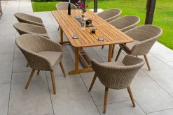 OUTFLEXX Borneo Garten-Essgruppe, beige/natur, Akazie/Polyrattan, Ausziehtisch 180/240 x 100 cm, 8 Cocktail-Sessel, Polster Inklusive, FSC®-zertifiziertes Produkt