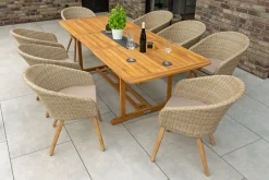 OUTFLEXX Borneo Garten-Essgruppe, beige/natur, Akazie/Polyrattan, Ausziehtisch 180/240 x 100 cm, 8 Cocktail-Sessel, Polster Inklusive, FSC®-zertifiziertes Produkt