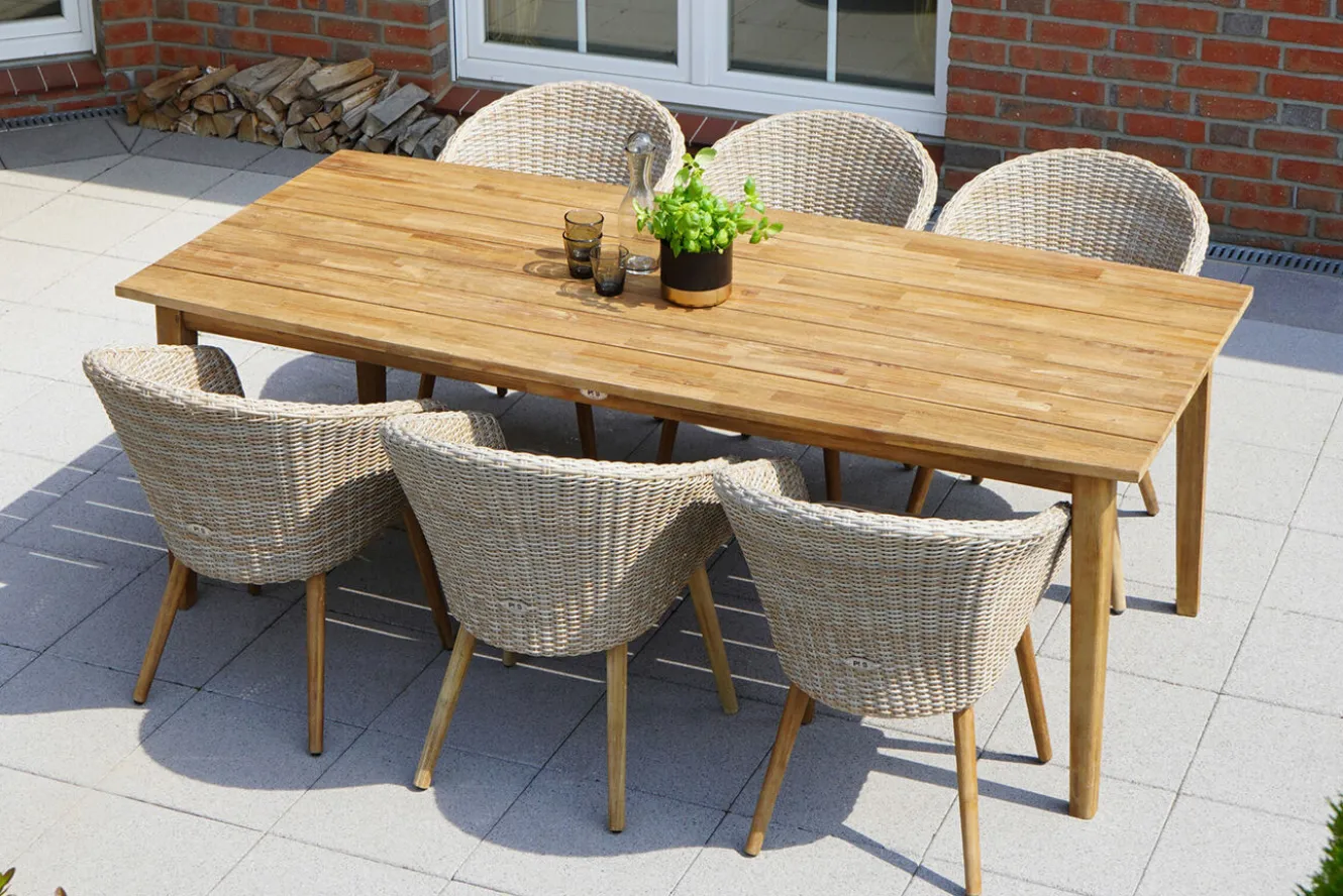 OUTFLEXX Borneo Garten-Essgruppe, beige-meliert, Polyrattan/Akazie, Tisch 220 x 100 cm, 6 Cocktail-Sessel, FSC®-zertifiziertes Produkt
