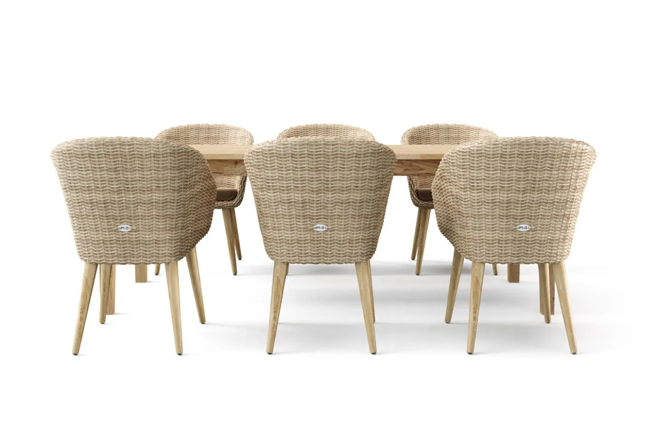 OUTFLEXX Borneo Garten-Essgruppe, beige-meliert, Polyrattan/Akazie, Tisch 220 x 100 cm, 6 Cocktail-Sessel, FSC®-zertifiziertes Produkt