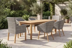 OUTFLEXX Borneo/Kota Garten-Essgruppe, natur/grau-meliert, Akazie/Alu/Polyrattan, 220x100 cm, 4 Cocktail-, 2 Landhaussessel, FSC®-zertifiziertes Produkt