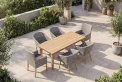 OUTFLEXX Borneo/Kota Garten-Essgruppe, natur/grau-meliert, Akazie/Alu/Polyrattan, 220x100 cm, 4 Cocktail-, 2 Landhaussessel, FSC®-zertifiziertes Produkt