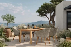 OUTFLEXX Borneo/Kota Garten-Essgruppe, natur/grau-meliert, Akazie/Alu/Polyrattan, 180x90cm, 4 Cocktailsessel, FSC®-zertifiziertes Produkt