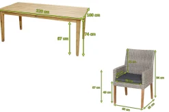 OUTFLEXX Borneo/Kota Garten-Essgruppe, natur/grau-meliert, Akazie/Alu/Polyrattan, 220x100 cm, 4 Landhaussessel, Akazie, FSC®-zertifiziertes Produkt