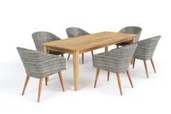 OUTFLEXX Borneo/Kota Garten-Essgruppe, natur/grau-meliert, Akazie/Alu/Polyrattan, 220x100 cm, 6 Cocktailsessel, Akazie, FSC®-zertifiziertes Produkt
