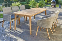OUTFLEXX Borneo/Kota Garten-Essgruppe, natur/grau-meliert, Akazie/Alu/Polyrattan, 220x100 cm, 3 Cocktail-, 3 Landhaussessel, FSC®-zertifiziertes Produkt