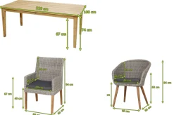 OUTFLEXX Borneo/Kota Garten-Essgruppe, natur/grau-meliert, Akazie/Alu/Polyrattan, 220x100 cm, 3 Cocktail-, 3 Landhaussessel, FSC®-zertifiziertes Produkt