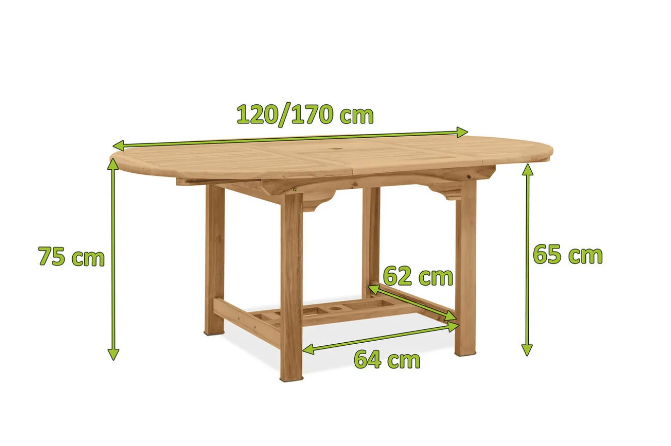 OUTFLEXX Dallas Ausziehtisch, natur, Teakholz, 120/170 x 120 cm, fein geschliffen