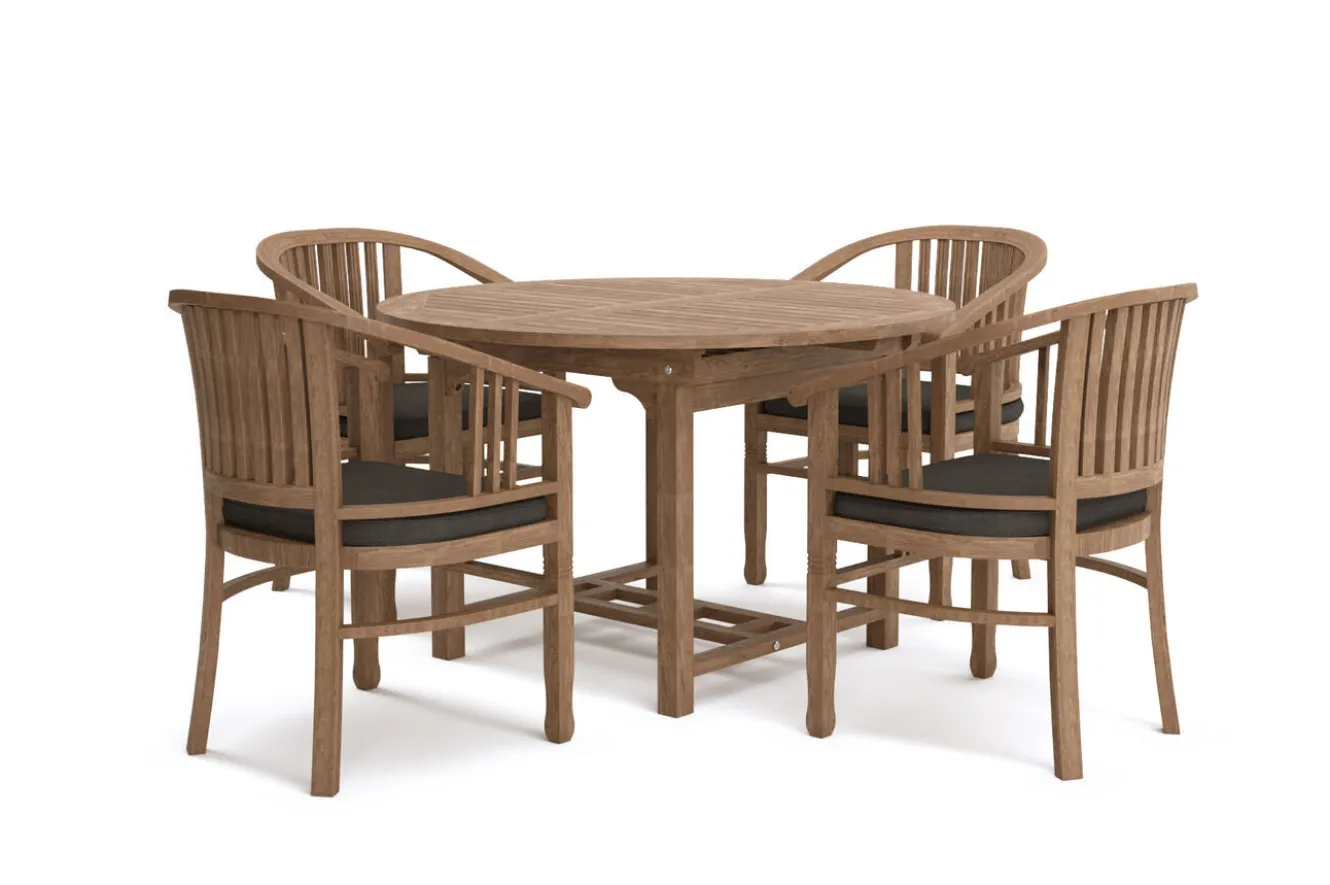 OUTFLEXX Dallas/Batavia Garten-Essgruppe, natur, Teak, 120/170x120 cm, 4x Armlehnensessel, inkl. Auflage