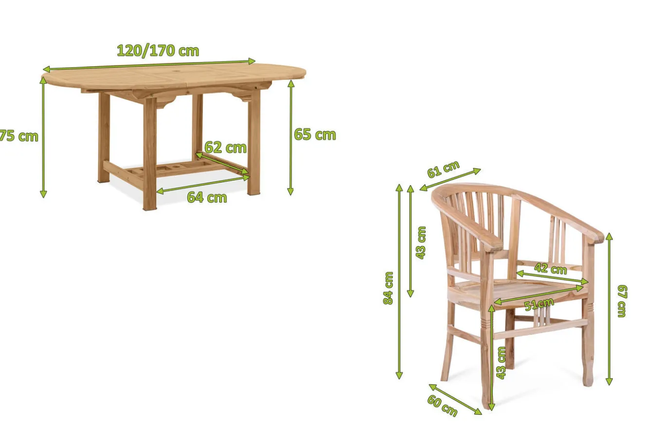 OUTFLEXX Dallas/Batavia Garten-Essgruppe, natur, Teak, 120/170x120 cm, 6x Armlehnensessel, inkl. Auflage