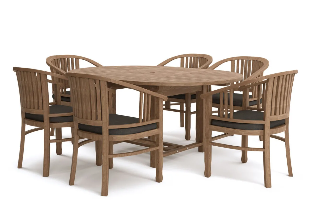 OUTFLEXX Dallas/Batavia Garten-Essgruppe, natur, Teak, 120/170x120 cm, 6x Armlehnensessel, inkl. Auflage