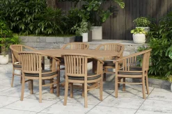 OUTFLEXX Dallas/Batavia Garten-Essgruppe, natur, Teak, 120/170x120 cm, 6x Armlehnensessel, inkl. Auflage
