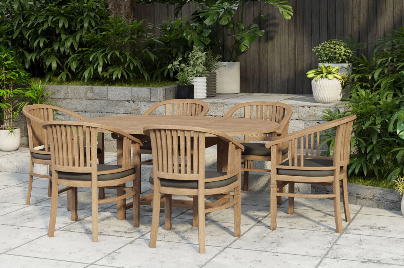OUTFLEXX Dallas/Batavia Garten-Essgruppe, natur, Teak, 120/170x120 cm, 6x Armlehnensessel, inkl. Auflage