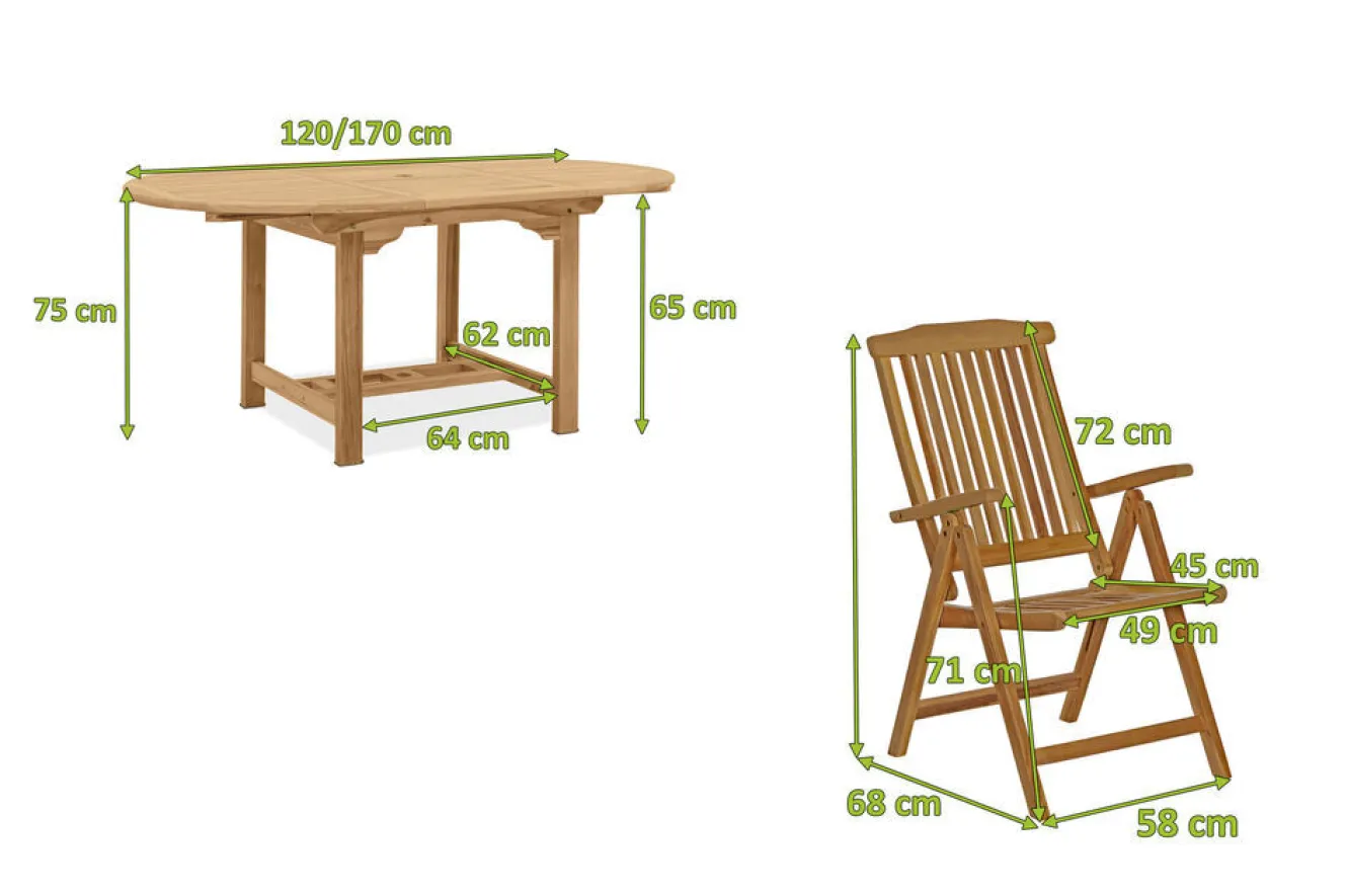 OUTFLEXX Dallas/Bounty Garten-Essgruppe, natur, Teak, 120/170x120 cm, 6x Klappstuhl