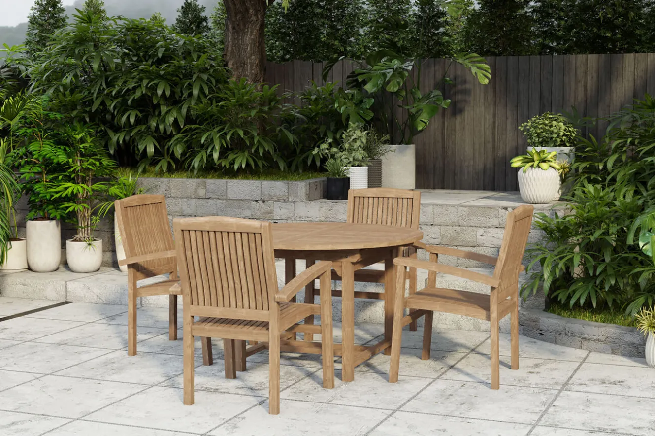 OUTFLEXX Dallas/Washington Garten-Essgruppe, natur, Teak, 120/170x120 cm, 4x Stapelsessel