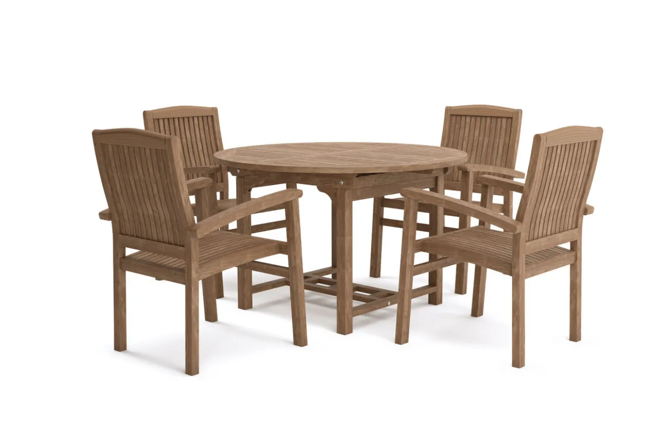 OUTFLEXX Dallas/Washington Garten-Essgruppe, natur, Teak, 120/170x120 cm, 4x Stapelsessel