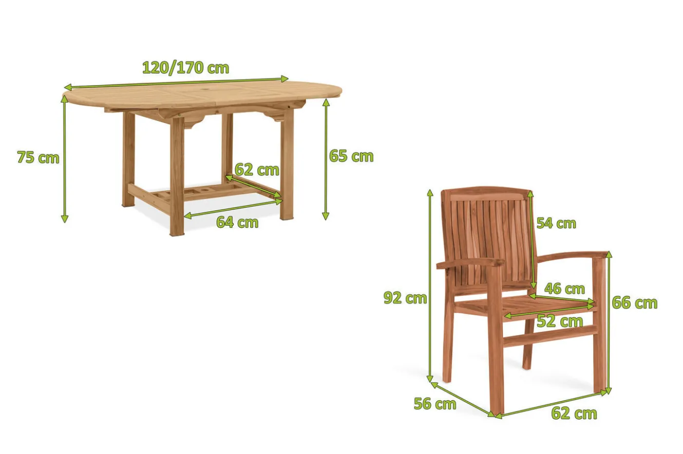 OUTFLEXX Dallas/Washington Garten-Essgruppe, natur, Teak, 120/170x120 cm, 4x Stapelsessel