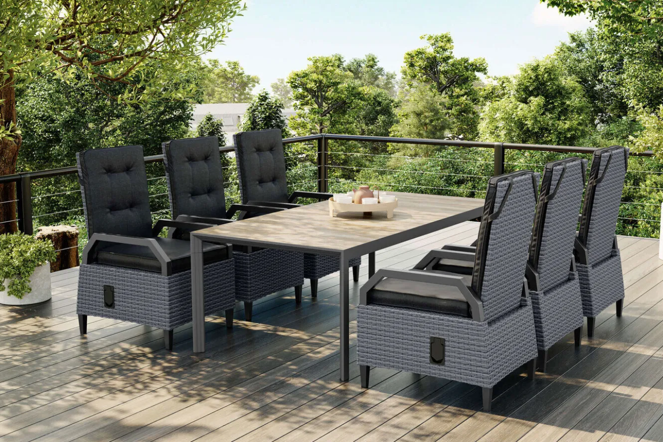 OUTFLEXX Darwin Garten-Essgruppe mit 6 Dining Sesseln, anthrazit/grau, Alu/Polyrattan, Tisch 200 x 100 cm, verstellbare Rückenlehne