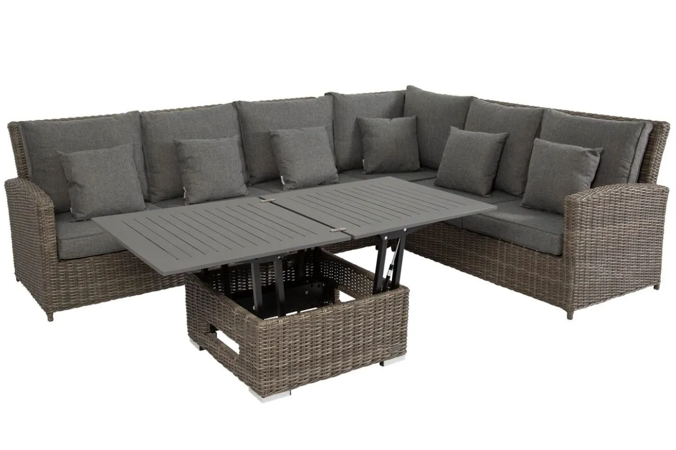 OUTFLEXX Dining-Lounge, grau, Polyrattan, 5-6 Personen, höhenverstellbarer Loungetisch, inkl. Polster