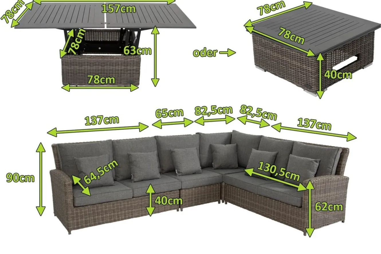 OUTFLEXX Dining-Lounge, grau, Polyrattan, 5-6 Personen, höhenverstellbarer Loungetisch, inkl. Polster