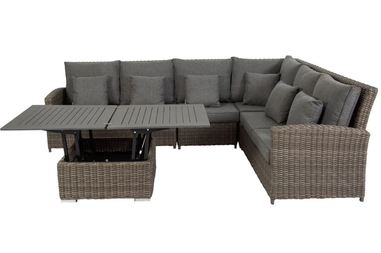 OUTFLEXX Dining-Lounge, grau, Polyrattan, 5-6 Personen, höhenverstellbarer Loungetisch, inkl. Polster
