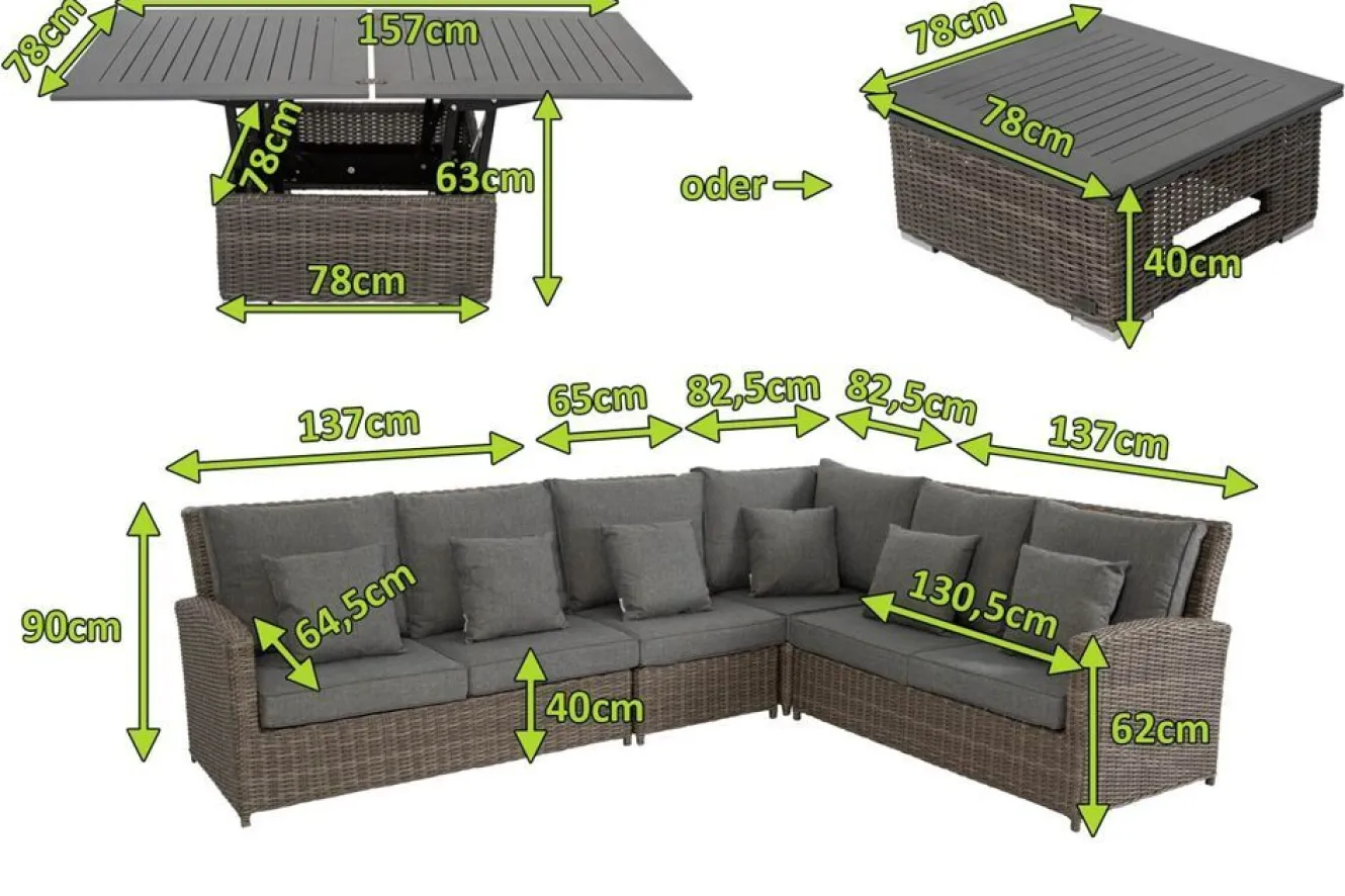 OUTFLEXX Dining-Lounge, grau, Polyrattan, 5-6 Personen, höhenverstellbarer Loungetisch, inkl. Polster