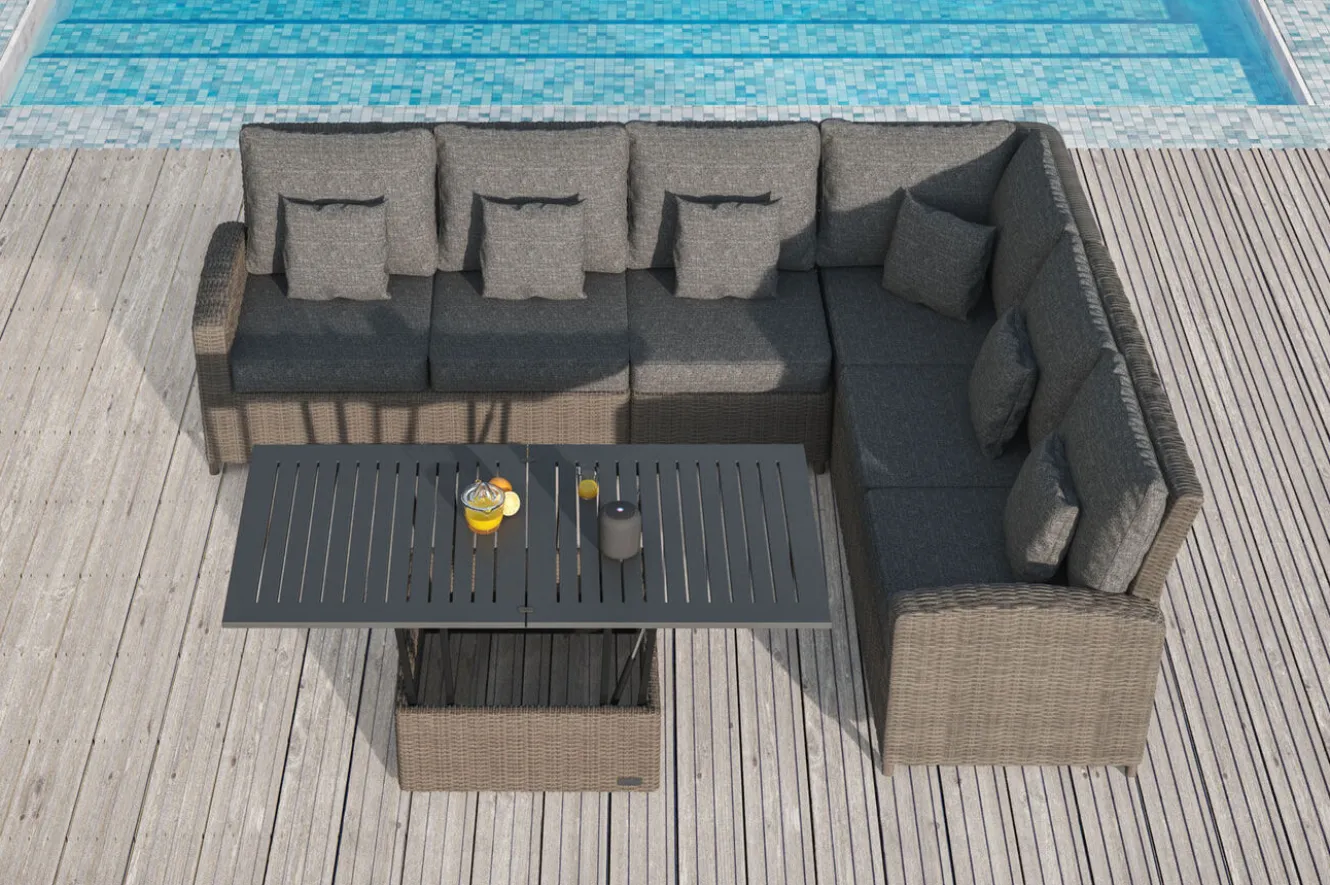 OUTFLEXX Dining-Lounge, grau, Polyrattan, 5-6 Personen, höhenverstellbarer Loungetisch, inkl. Polster
