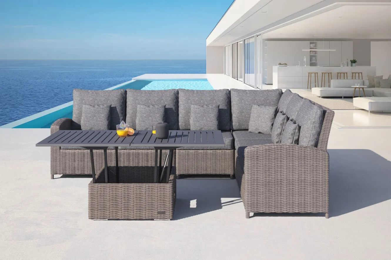 OUTFLEXX Dining-Lounge, grau, Polyrattan, 5-6 Personen, höhenverstellbarer Loungetisch, inkl. Polster