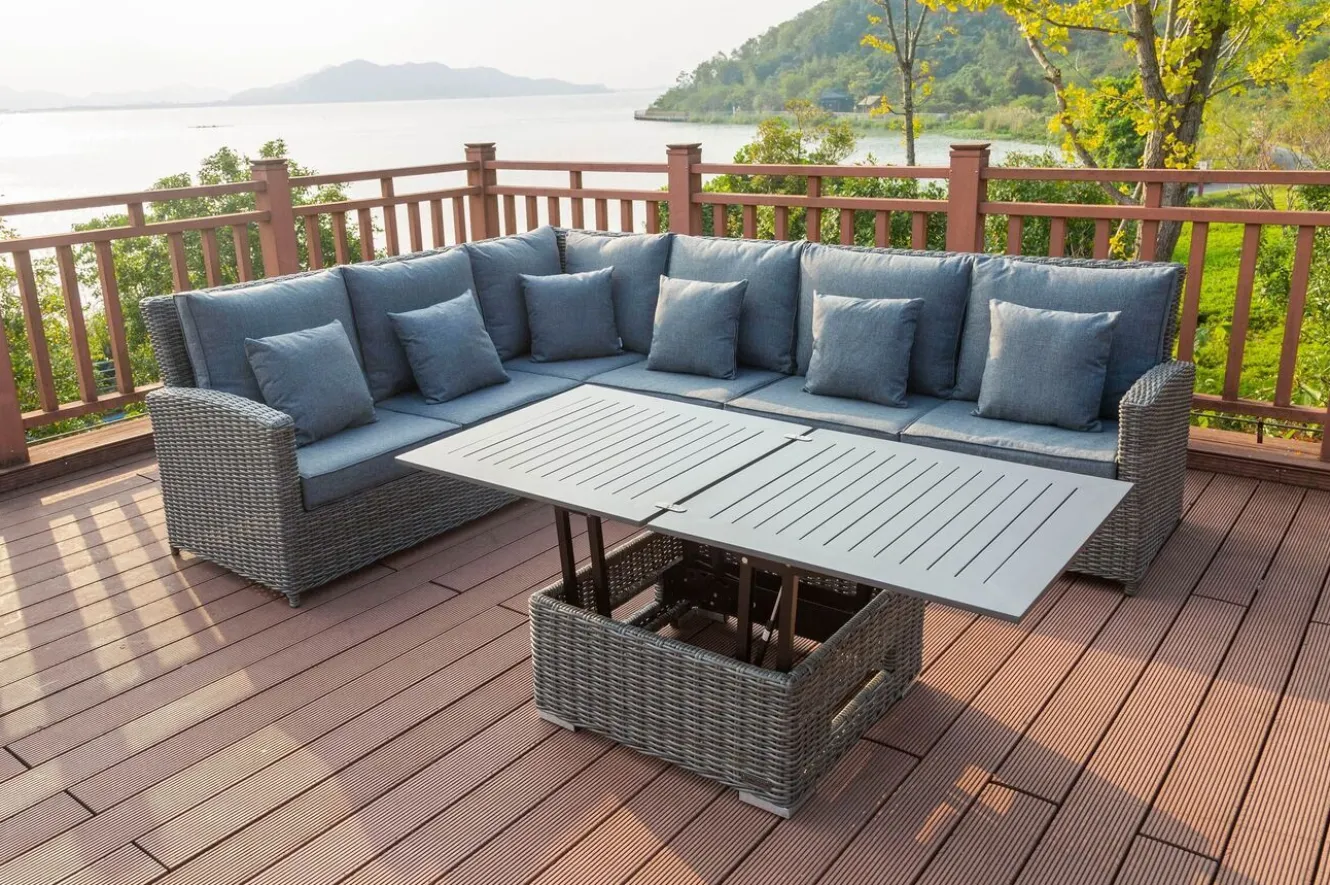 OUTFLEXX Dining-Lounge, grau, Polyrattan, 5-6 Personen, höhenverstellbarer Loungetisch, inkl. Polster