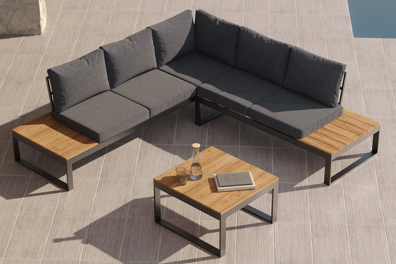 OUTFLEXX Ecklounge, anthrazit matt, Alu/Holzoptik, 5 Personen, Seitenablage