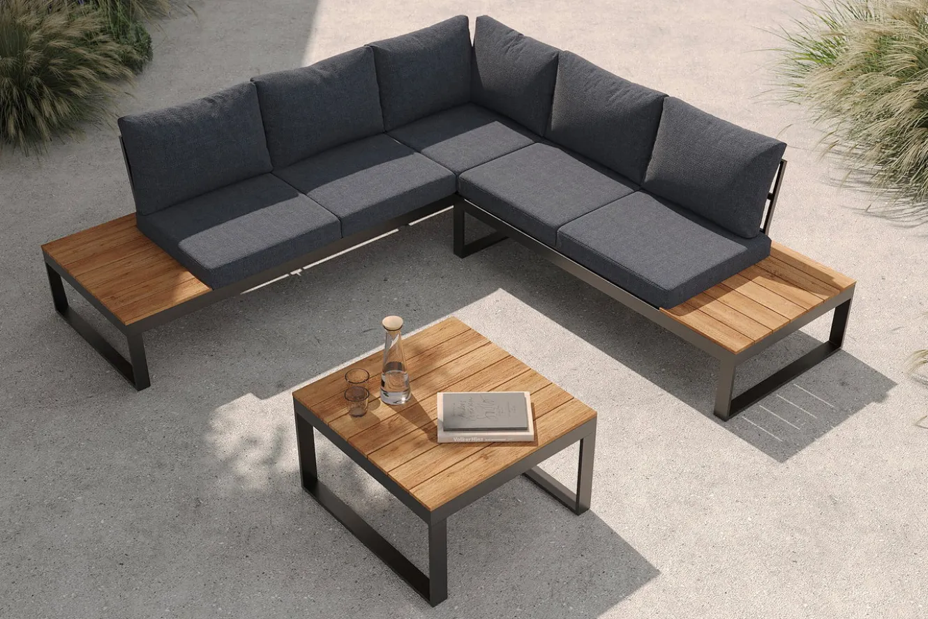 OUTFLEXX Ecklounge, anthrazit matt, Alu/Holzoptik, 5 Personen, Seitenablage