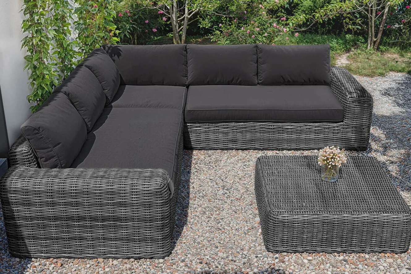 OUTFLEXX Ecklounge, grauweiß/anthrazit, Polyrattan, 6 Personen, inkl. Tisch/Hocker 90 x 90 cm und Polster aus Olefin in anthrazit
