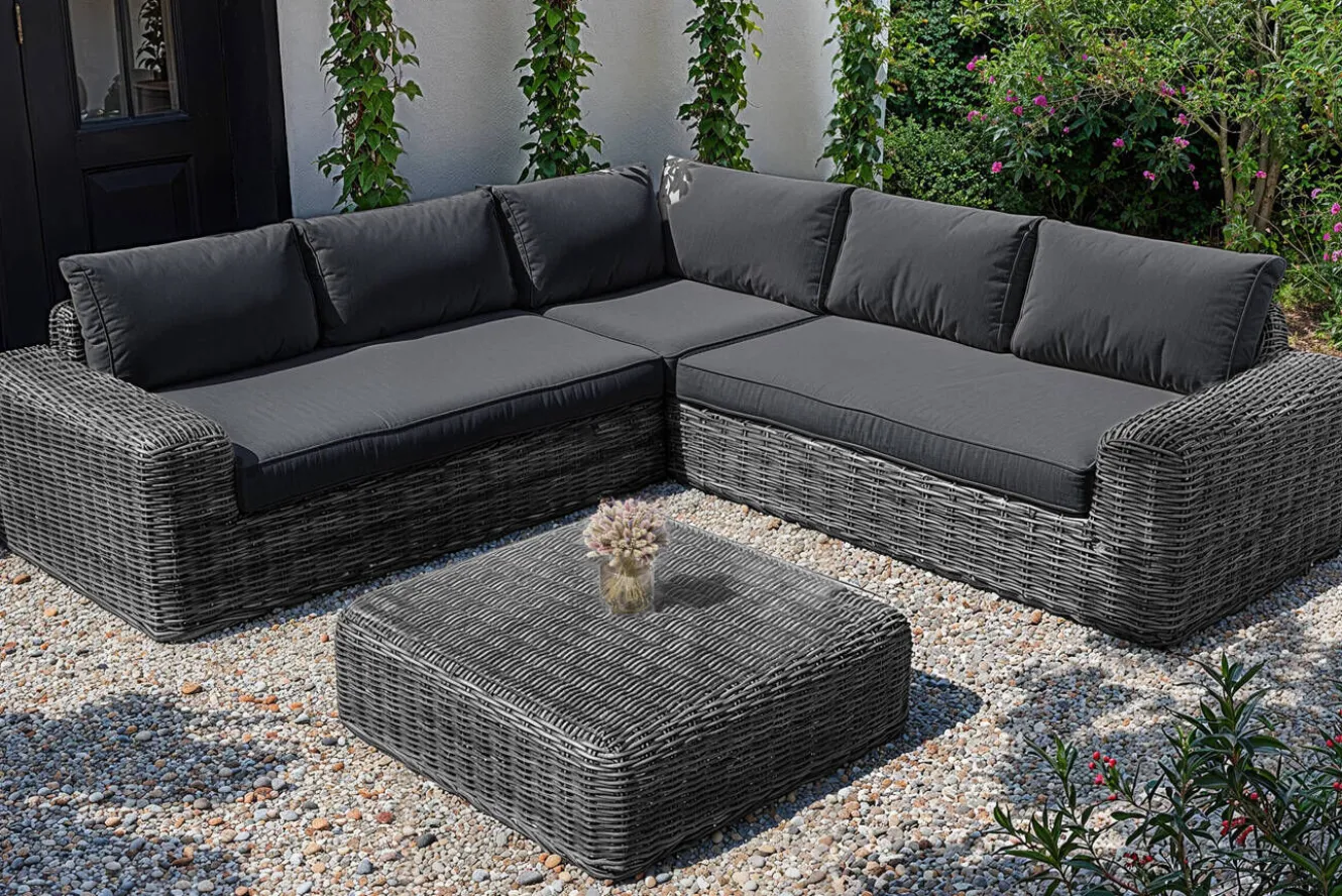 OUTFLEXX Ecklounge, grauweiß/anthrazit, Polyrattan, 6 Personen, inkl. Tisch/Hocker 90 x 90 cm und Polster aus Olefin in anthrazit