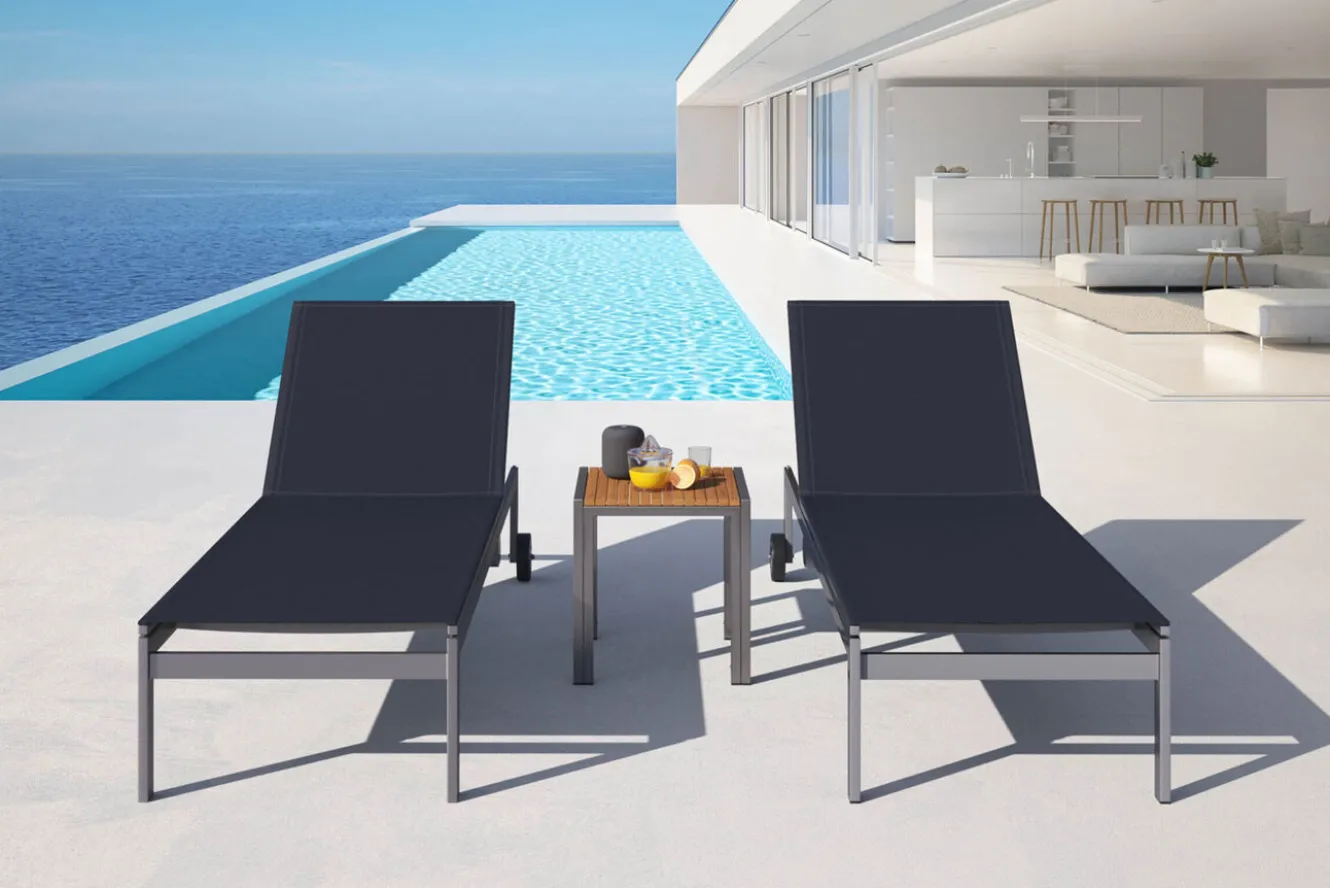 OUTFLEXX 2er-Set Rollliege, schwarz, Edelstahl/Teak, 212x71x36cm, mit Beistelltisch 45x45cm, FSC®-zertifiziertes Produkt