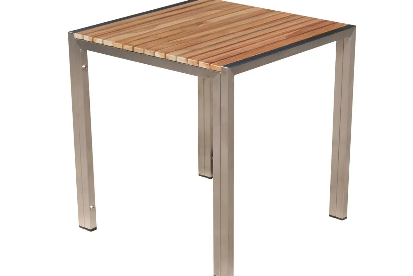 OUTFLEXX 2er-Set Sonnenliegen, silber, Edelstahl/Teak, 195,5x74x35cm, mit Beistelltisch 45x45cm, Teak Armlehnen, FSC®-zertifiziertes Produkt