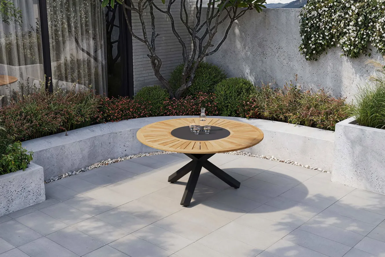 OUTFLEXX Esstisch, anthrazit matt, Alu/Teak, Ø150x75 cm, mit Glasinlay