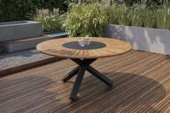 OUTFLEXX Esstisch, anthrazit matt, Alu/Teak, Ø150x75 cm, mit Glasinlay