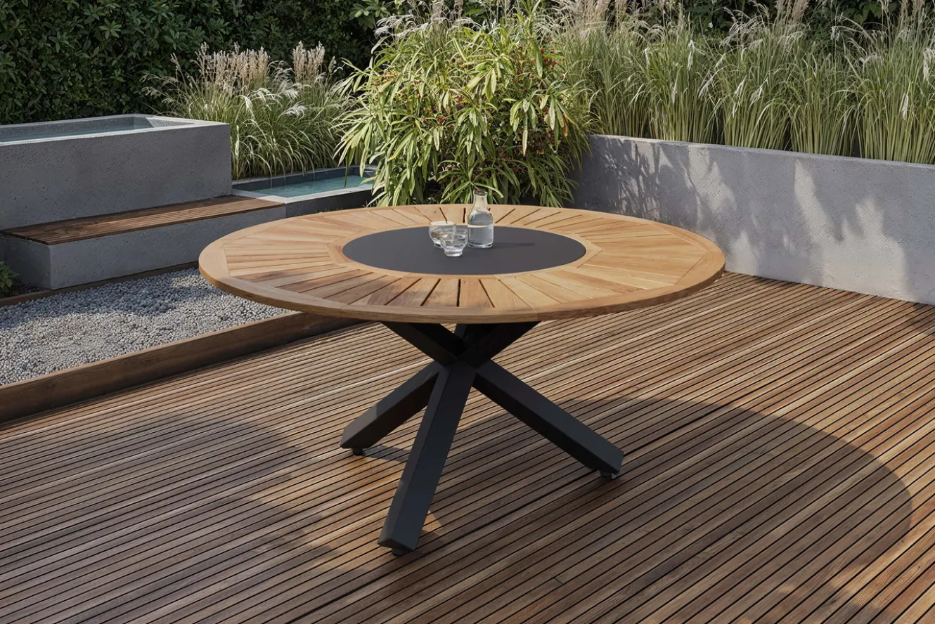 OUTFLEXX Esstisch, anthrazit matt, Alu/Teak, Ø150x75 cm, mit Glasinlay