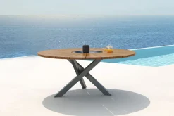 OUTFLEXX Esstisch, Edelstahl/Teakholz, Ø 170cm, inkl. drehbarer Granitplatte und Eiskühler, FSC®-zertifiziertes Produkt